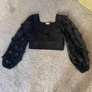 Free People Black Puff-Sleeve Crop Top with Textured Floral Sleeves